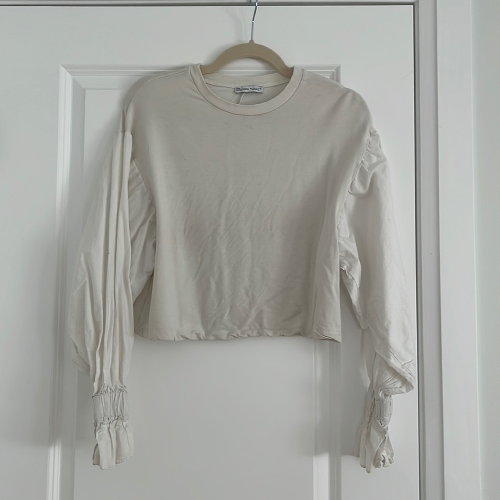 Zara White Knit/Woven Ruffle Sleeve Top